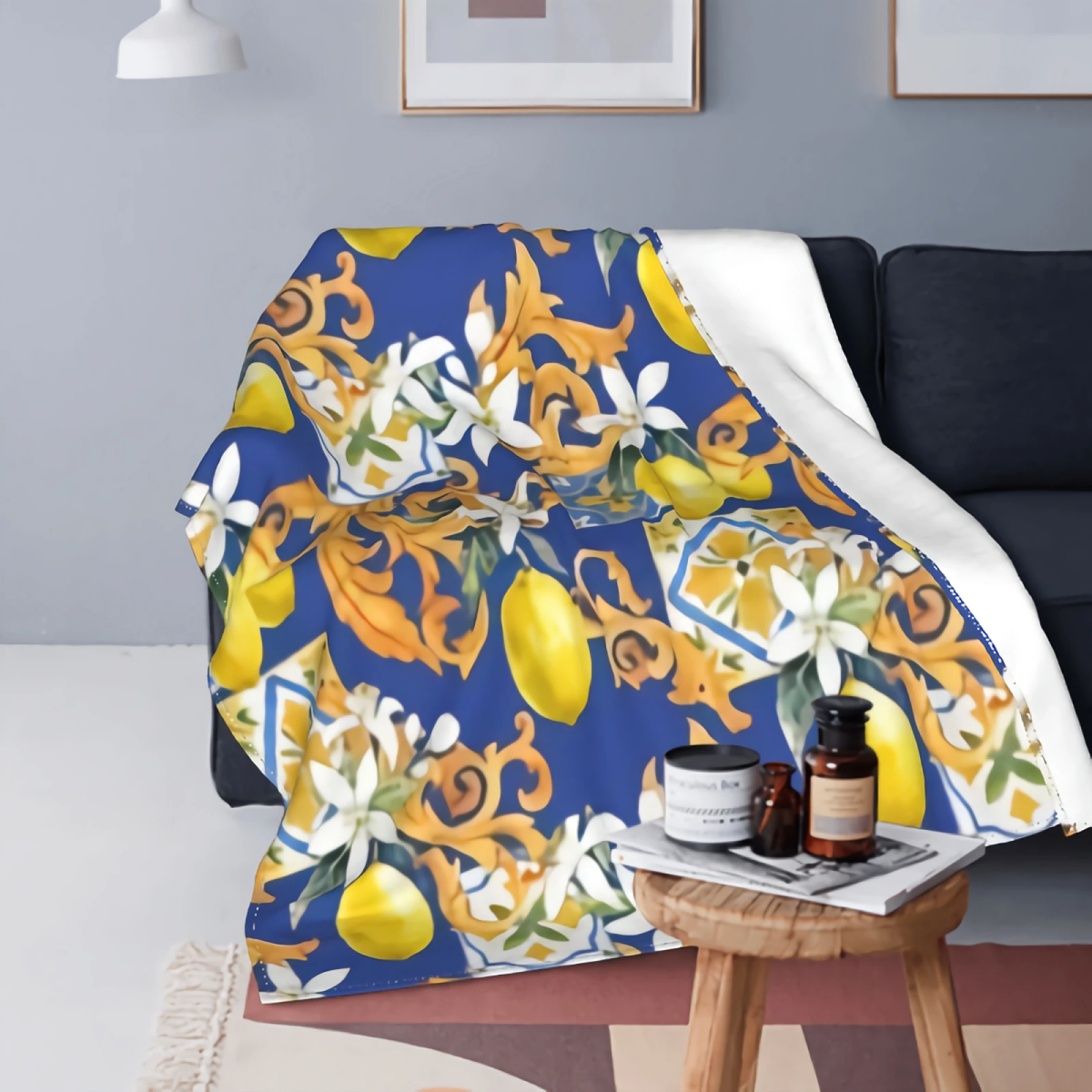 

Watercolor Lemons With Ethnic Flowers Flannel Fleece Throw BlanketLightweight Cozy Plush Microfiber Bed Blanket