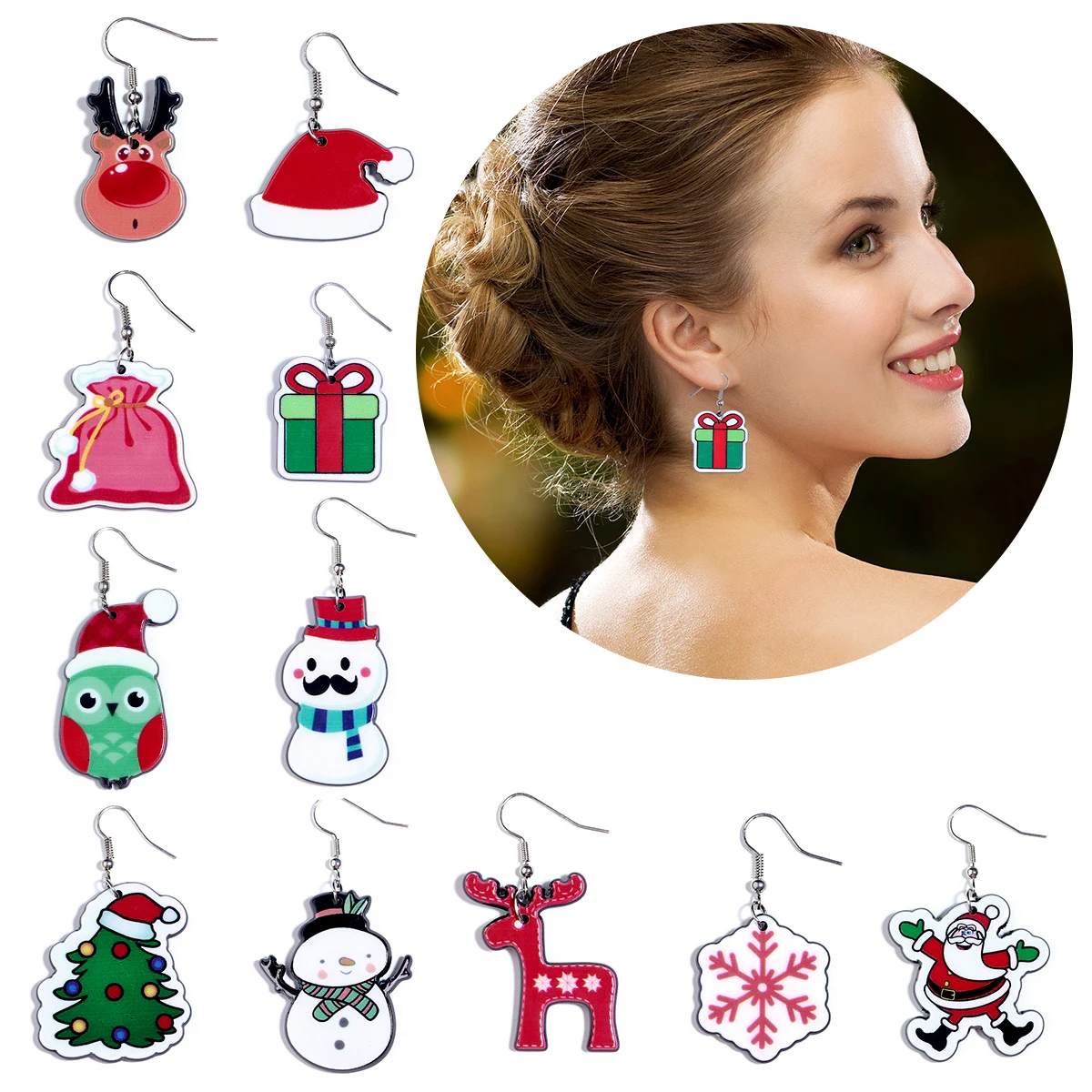 Пара рождественских серий акриловые серьги Лось Санта-Клаус в форме снеговика