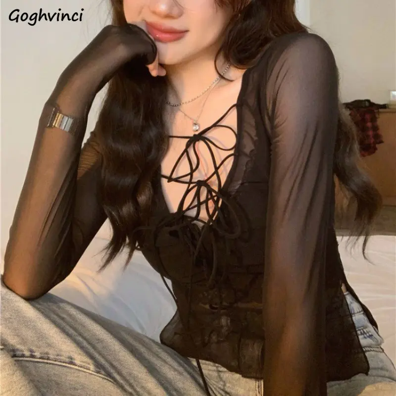 

Blouses Women V-neck All-match Sun-proof Slim Simple Minimalist Bandage Ulzzang Breathable Casual Sexy Summer Females Fashion