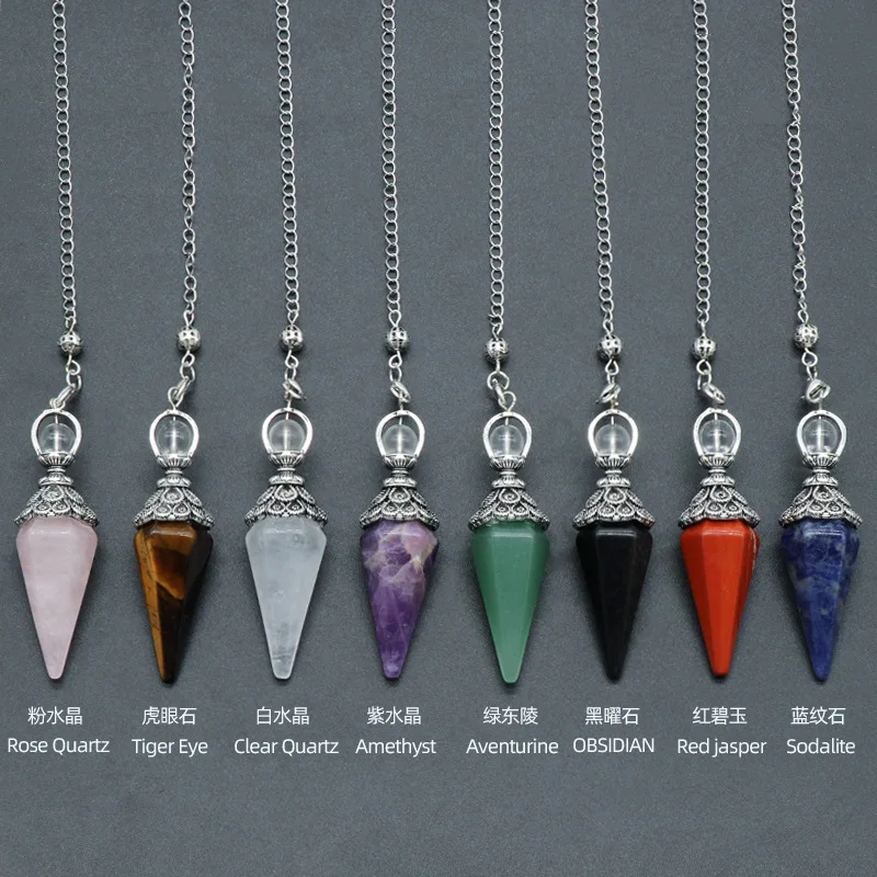 6PCS Natural Stone Hexagon Pendulums Amethyst Rose Quartz Chakra Crystal Pendants for Dowsing Spiritual Reiki Jewelry
