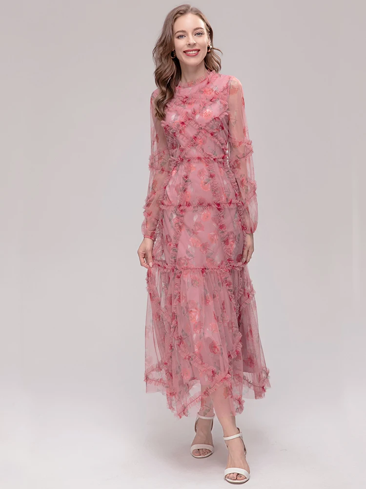 

Женское Сетчатое платье с принтом, длинное модельное платье с оборками в виде грибка для отпуска, весна-осень