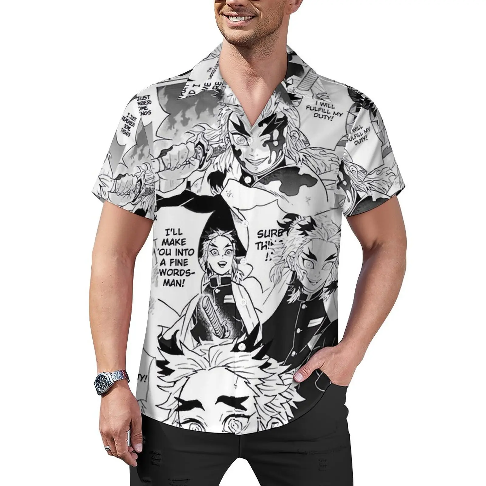 

Рубашка для отпуска с изображением рассекающего демонов ренгоку, забавные повседневные Гавайские рубашки с аниме принтом, Мужская Уличная одежда, блузки с коротким рукавом, одежда с графическим рисунком