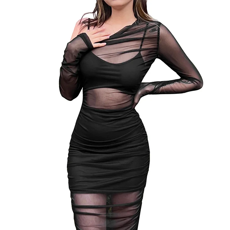 

New Sexy Mesh Maxi Dress Suit Women Vest + Mesh Bodycon Dress High Waist Club Party Dresses Female Slim Outfits