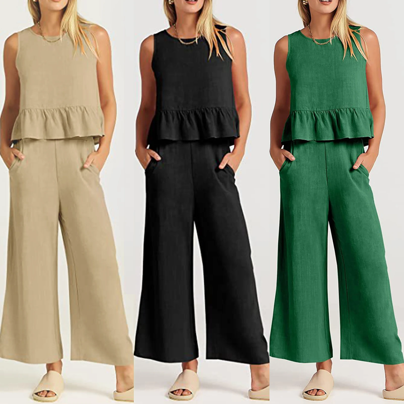 

Ruffled Casual Tanks Top+Long Pants Women Sleeveless Top+Pants Two-Piece Solid Color Simple Fashion European Beach Vacation