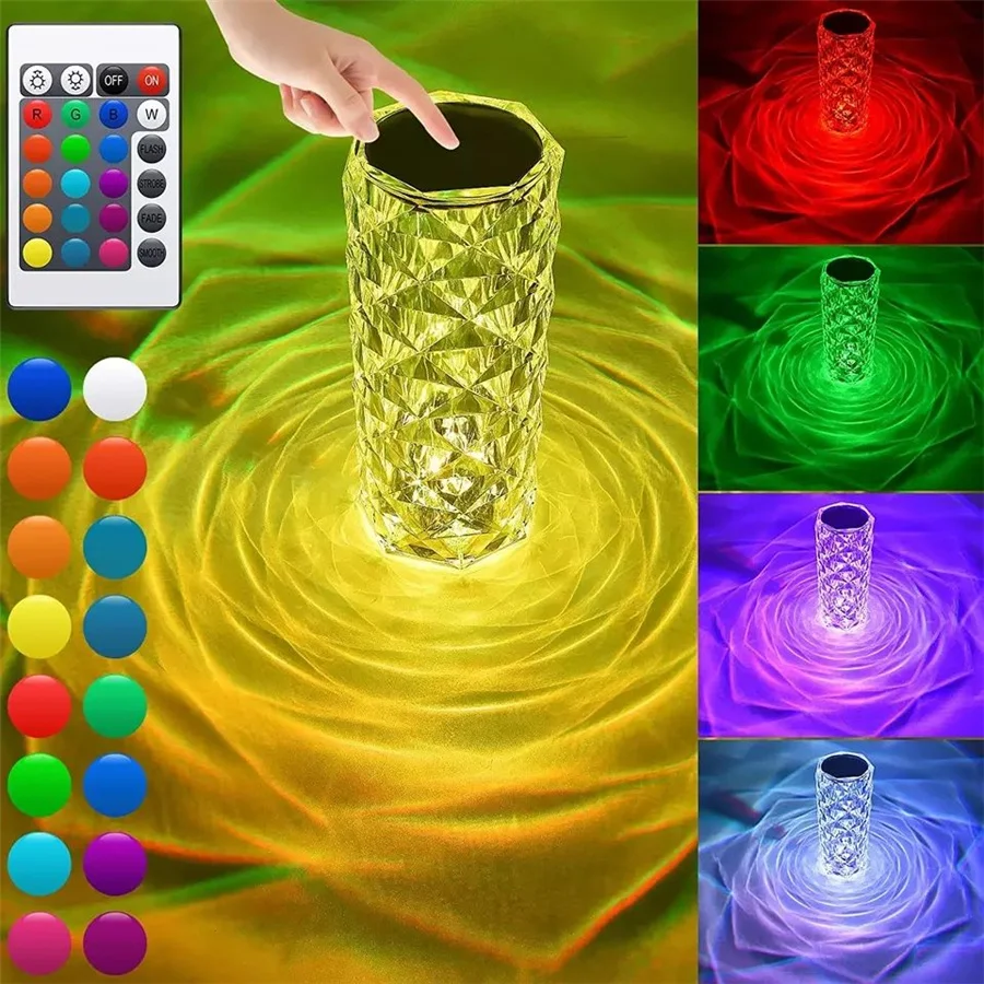 

New 16 Colors Adjustable Touching Led Rose Crystal Lamp for Party Bedroom Decoration Romantic Diamond Atmosphere Night Lights