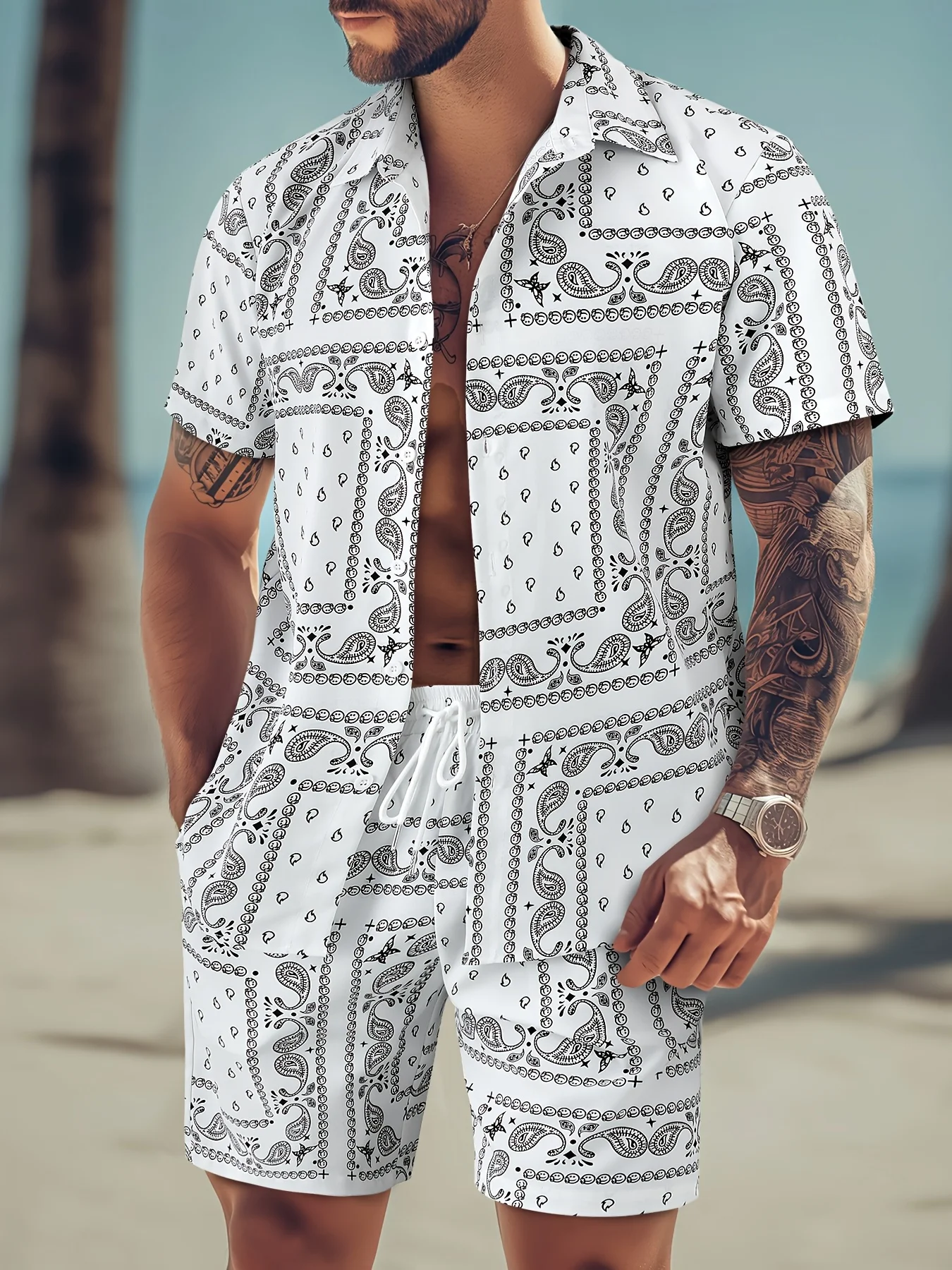 Фото 2pcs Fashion Men's Paisley Print Shorts Shirt Set Drawstring Waist Summer Beachwear White with Black Floral Prints Asian Size №2