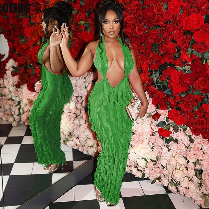 

Sexy Halter Deep V Neck Ruffled 2023 Party Night Maxi Dress Female Hollow Sleeveless Backless Clubwear Beach Slim Womens Dresses