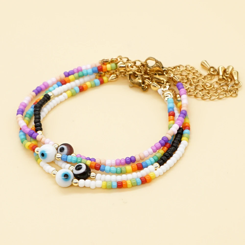 

YASTYT Dainty Evil Eye Bracelet 2023 Summer Beach Fashion Jewelry Rainbow Seed Beaded Simple Bracelets for Women Lobster Clasp