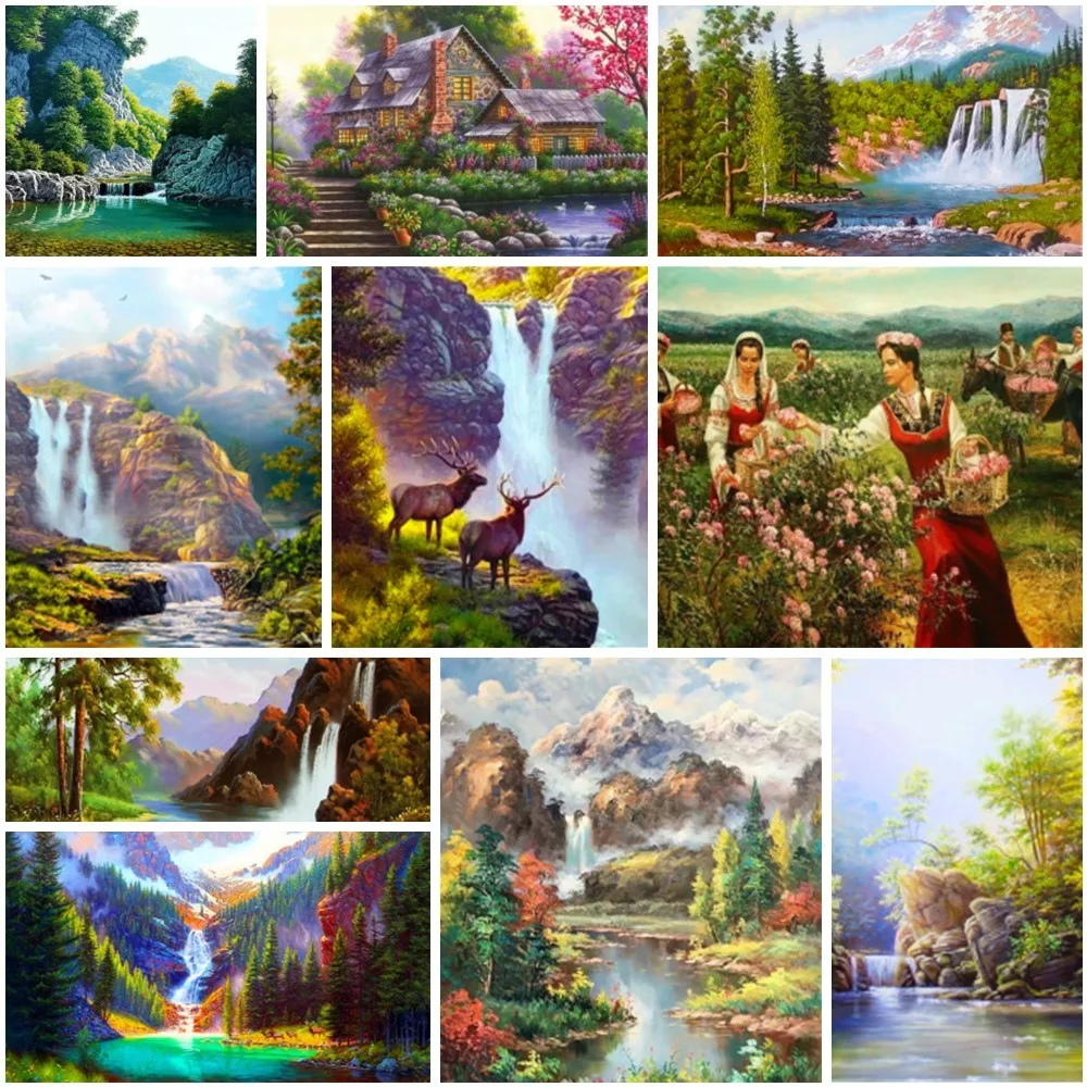 

Waterfall Painting By Numbers Acrylic Paint on Chemical Fiber Cloth Handcraft Wall Art Picture Home Decor Mountain Landscape