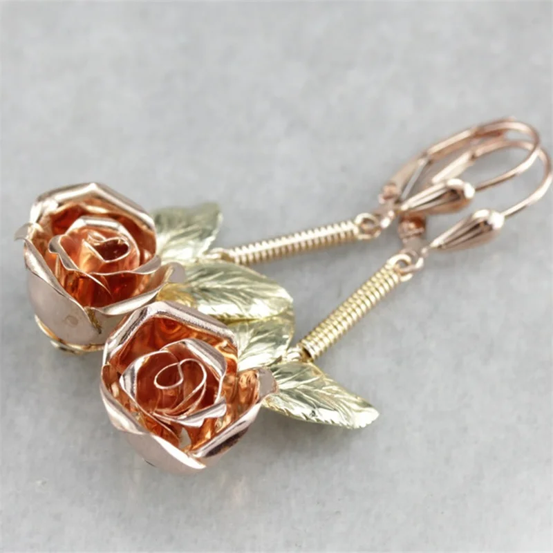 

Exquisite Hand Carved Roses Flower Earrings for Women Vintage Gold Color Leaver Long Dangle Earrings