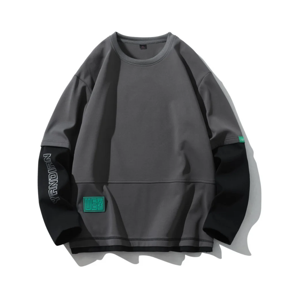 Covrlge Men's Sweatershirt Spring Autumn Fashion Men Loose Round Neck Fake Two Long-sleeved Pullover Male Streetwear MWW435