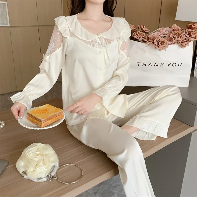 Lisacmvpnel Women's Spring And Summer Ice Silk Long Sleeve Set Pajamas French Court Style Home Clothes Sleepwear