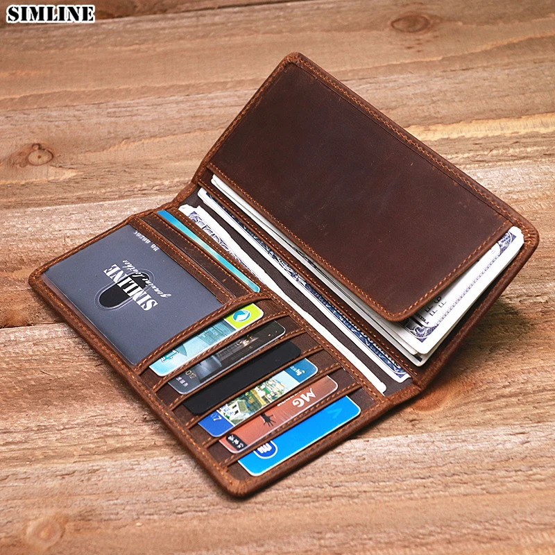 Genuine Leather Wallet For Men Vintage Crazy Horse Long Bifold Slim Men's Purse Checkbook Wallet Cash With ID Window Card Holder