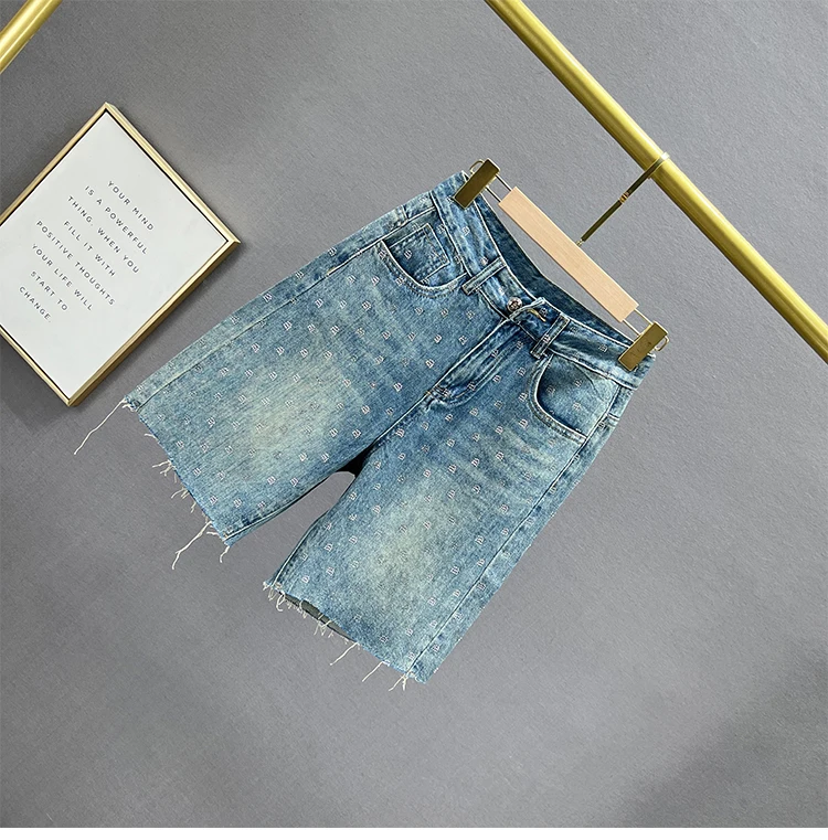 Denim Shorts Women's Clothes Shorts 2023 Summer High Waist Loose Slimming Exquisite Rhinestone Wide Leg Pants Jeans Booty Shorts