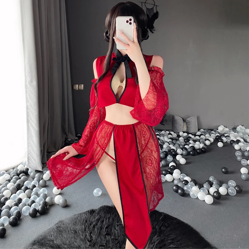 

Female Lingerie Dress Cheongsam Temptation Erotic Lace Suit High Division Nightwear Hollow Bust Open Transparent Clothes NG86