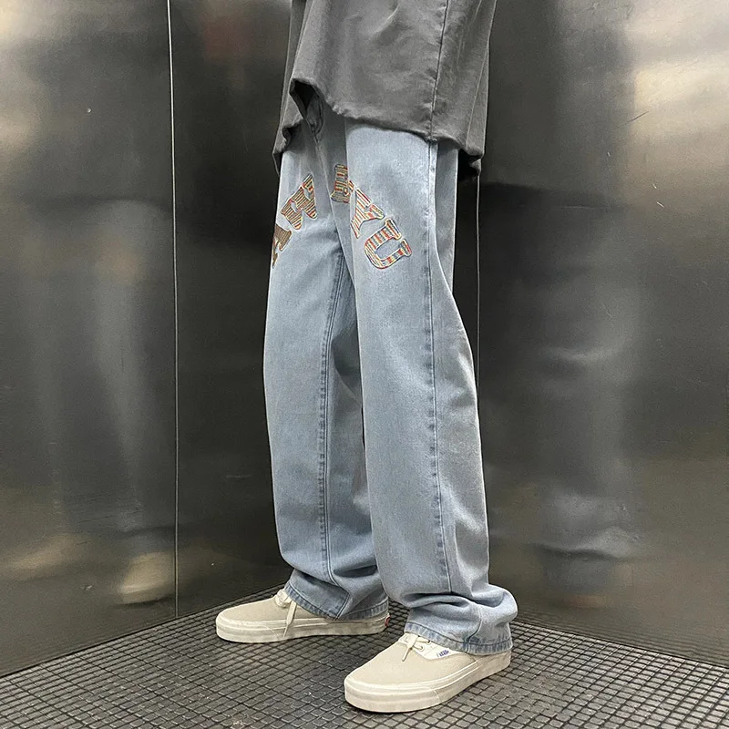 High Street Print Black Jeans Men's Y2K Straight-leg Pants Loose Wide-leg Jeans Hip-hop Style Men's Trousers джинсы для мужчин