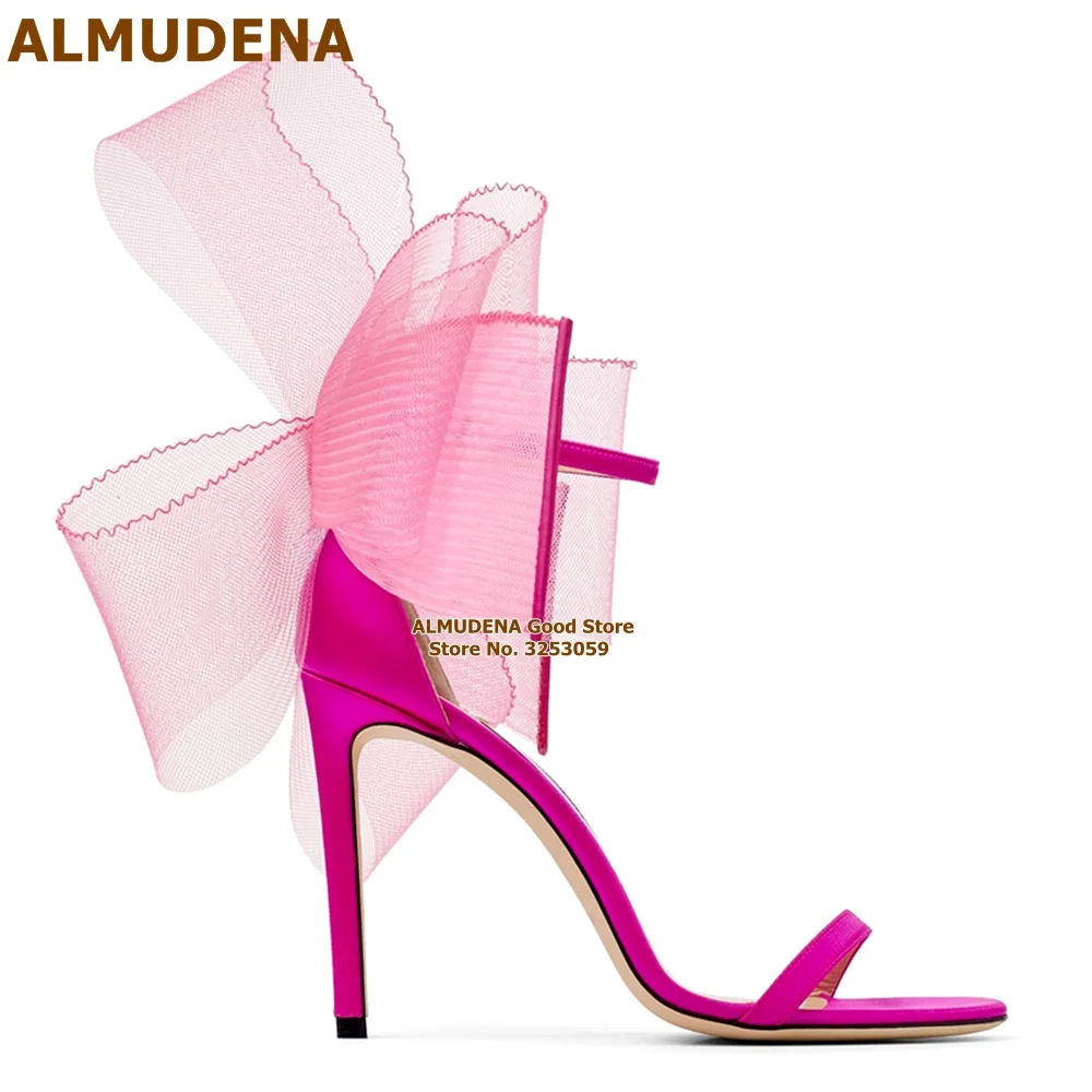 ALMUDENA Big Bowtie Satin Mesh High Heel Sandals Real Photo Pink Blue Silk Cloth Band Dress Shoes Butterfly-knot Floral Pumps