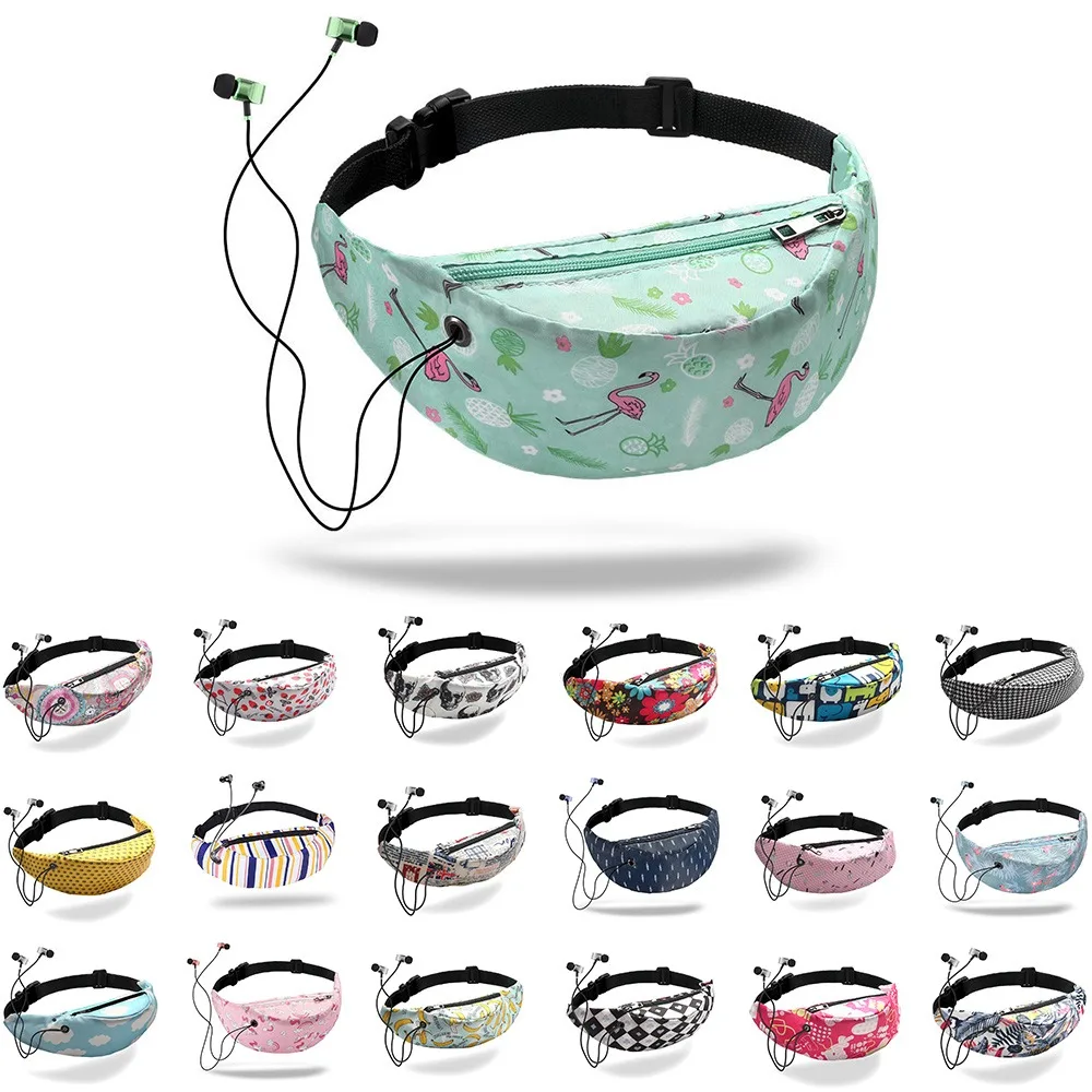 

18 Color Women Fanny Pack With Headphone Jack Kawaii Printed Waist Pack For Girls Light Casual Sport Bike Hiking Hip Belt Bag