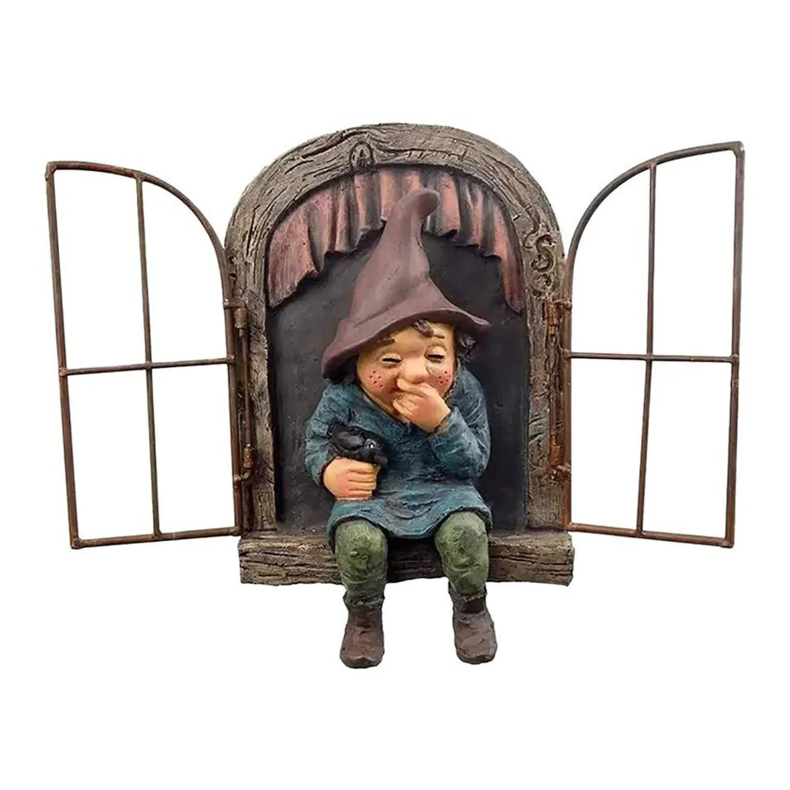 

Gnome Statue Porch Home For Tree Garden Decor Fairy Elf Out The Door Resin Figurine 3D Window Sculpture Whimsical Ornament Lawn