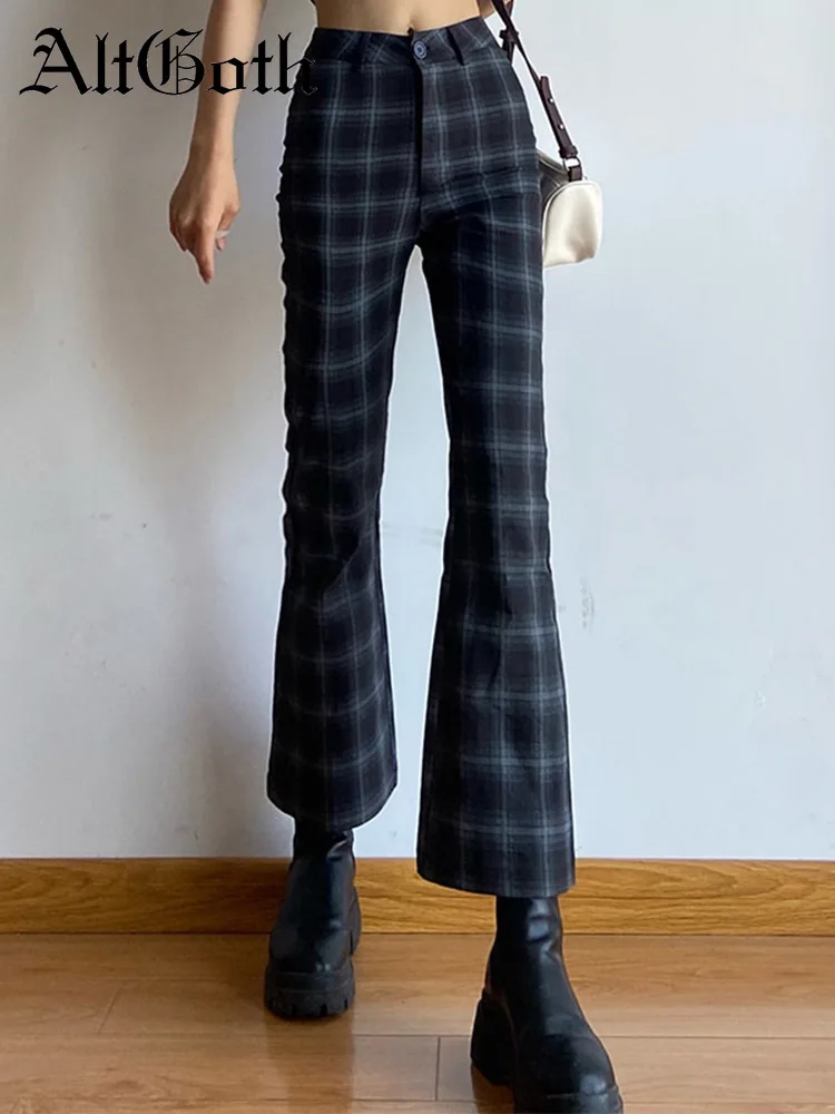 

AltGoth Harajuku Vintage Plaid Pants Women Steetwear Y2k Grunge High Waist Flare Pants Dark Gothic Aesthetic Emo Alt Trousers