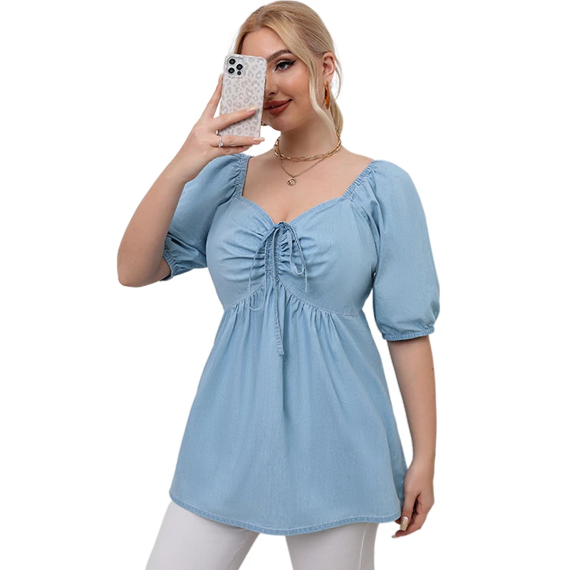 Women Plus Size Tunic Tops 2022 Summer Denim Puff Sleeve Casual V Neck Ruched Tunic Tops All Match Tee Blusas Chemise Femme Top