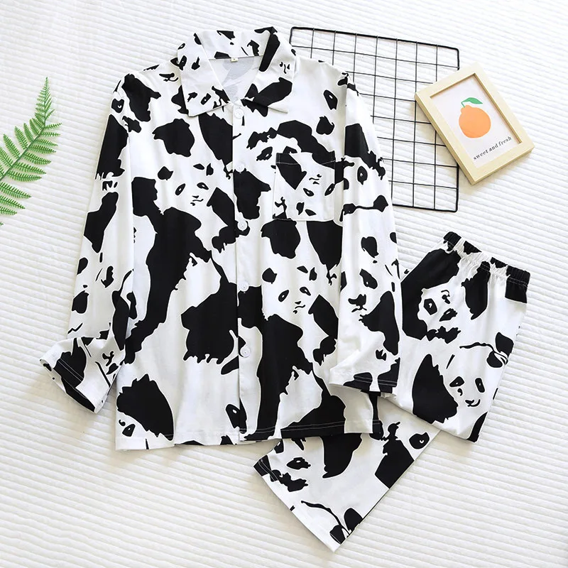 Cartoon Panda Pajamas Suit Couple Models Knitted Cotton Nightwear Four Seasons Thin Men Women Long-sleeved Trousers Home Clothes