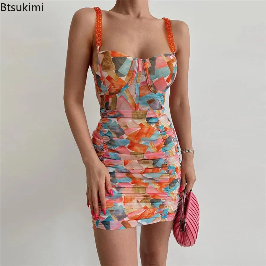 

Hot Selling SummerStitching Printed Chain Sling Mini Bodycon Dress Women Sexy Birthday Party Vacation Beach Dress Woman Vestidos