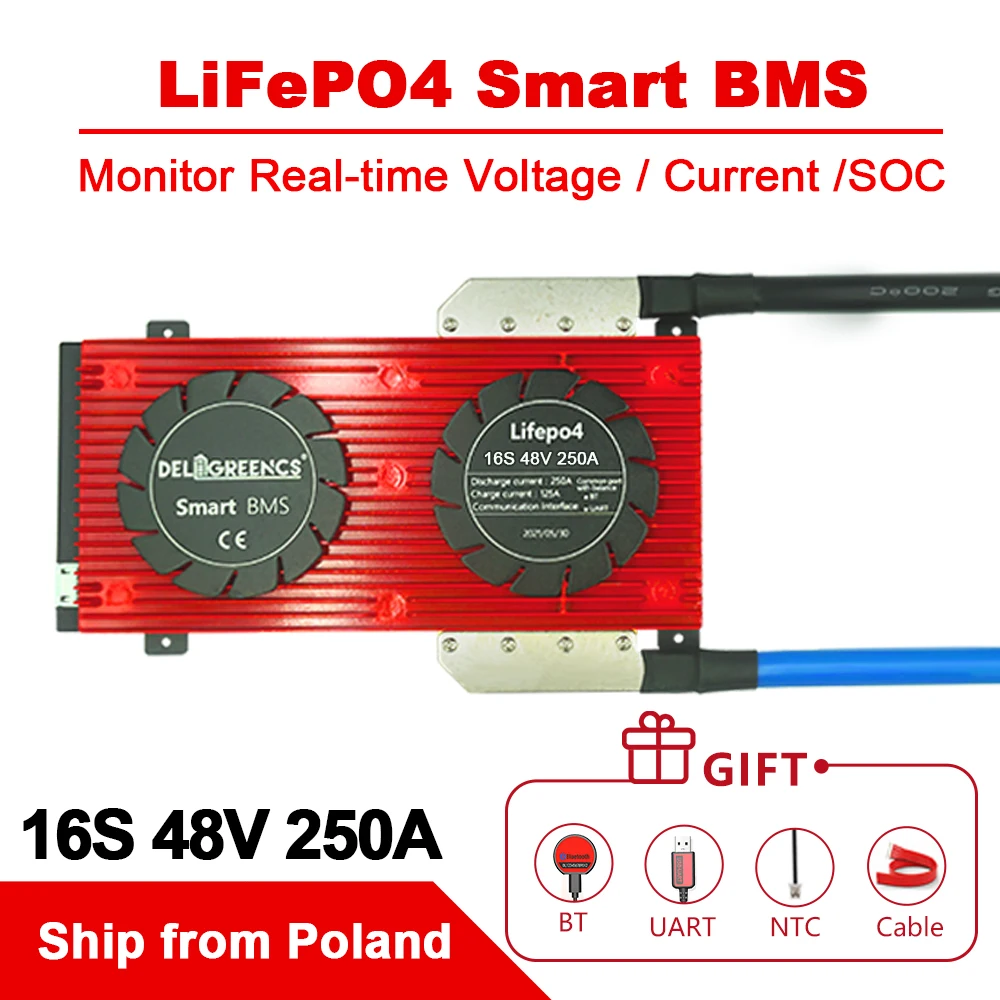 

Poland Stock 4S 8S 16S BMS 200A 250A Smart BMS For LifePO4 Battery 12V 24V 48V With Bluetooth UART Cable NTC for EV Solar