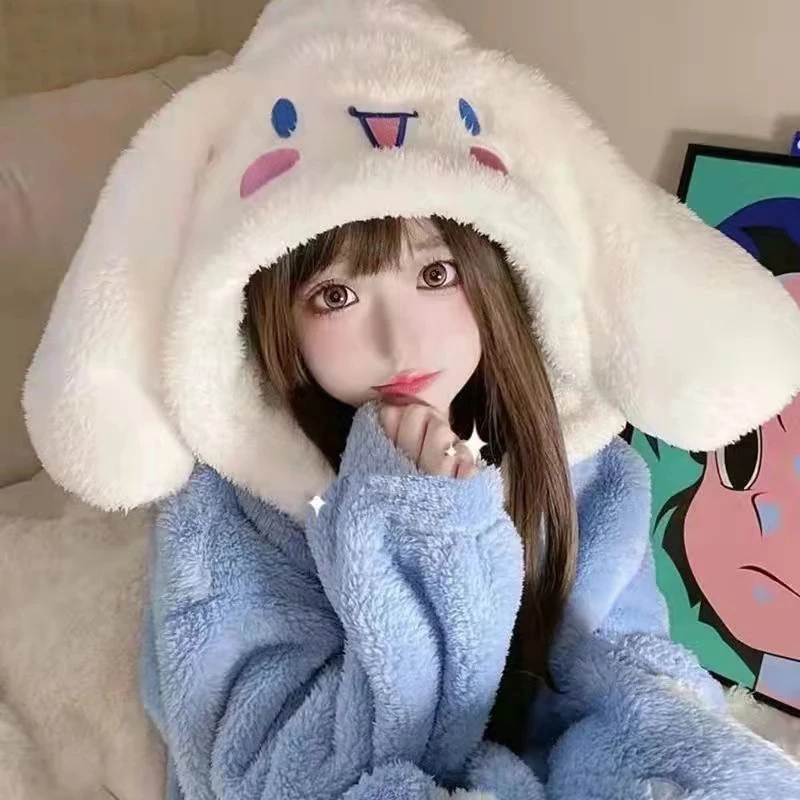 

Hooded Women Nightgowns Cartoon Long Ears Dog Warm Cozy Sleepshirt Kawaii Sleepwear Daily Nightdress Winter Flannel Night Dress