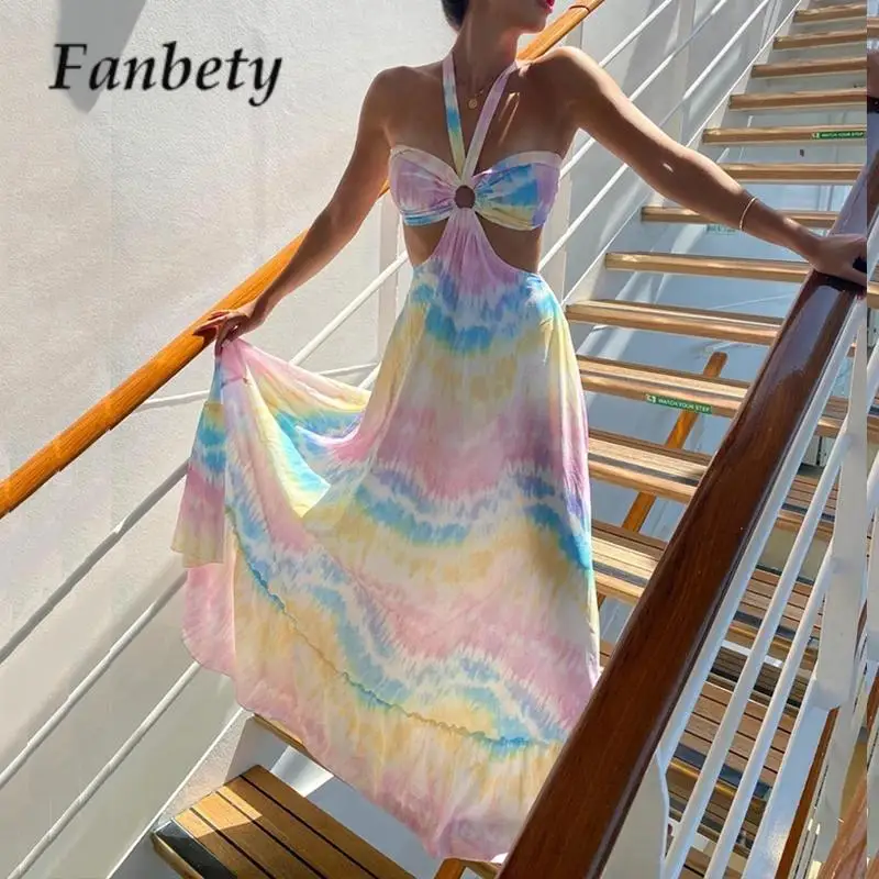 

Женское платье в стиле бохо с принтом на завязках, пикантное пляжное платье с открытой спиной и лямкой на шее, летнее женское платье-трапеция без рукавов с поясом