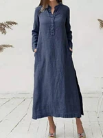 flax long sleeves maxi dress spring and autumn womens clothing korean retro cotton and linen plus size robe loose french grace