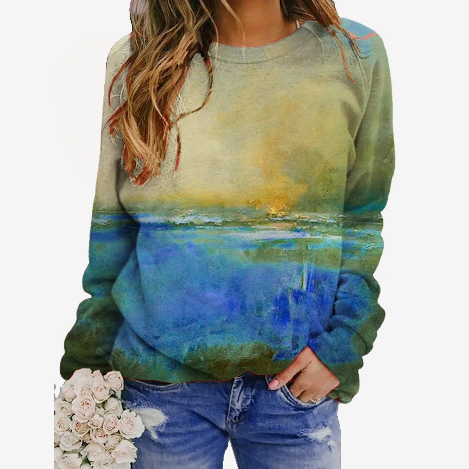 

Women Fashion Landscape Print O-neck Long Sleeves Casual Loose Tops Blouse