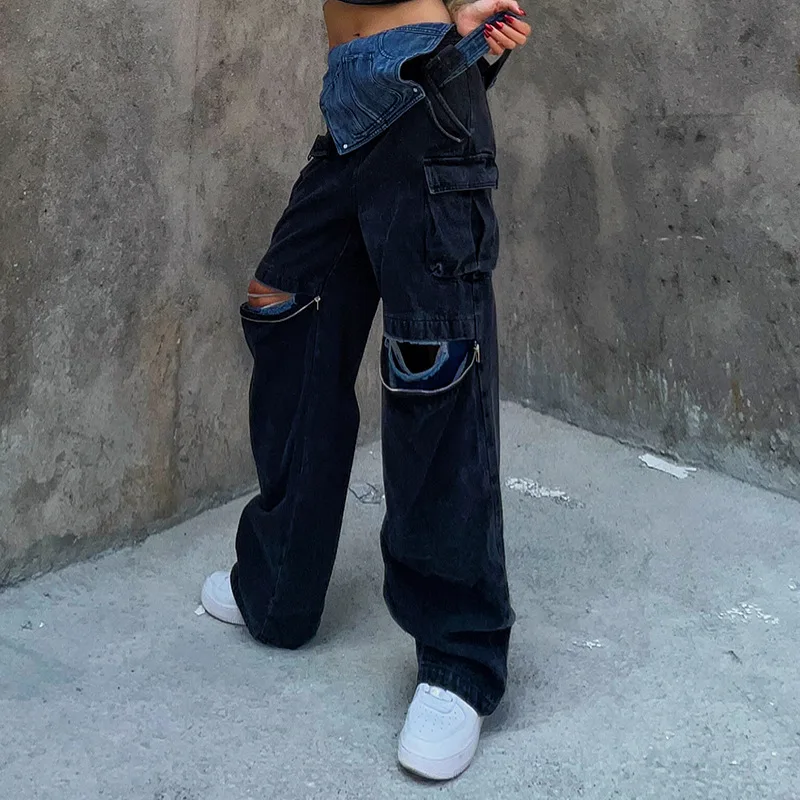 

Женские рваные джинсы на бретельках, повседневные уличные брюки контрастных цветов с прострочкой и вырезами, осень 2022