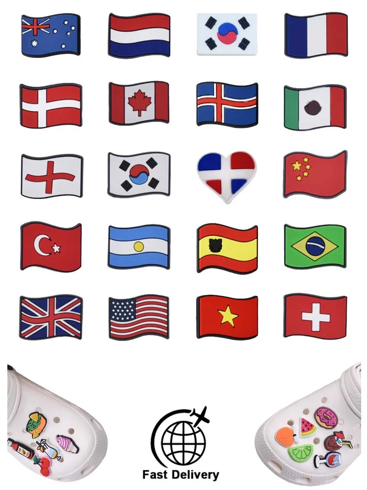 

1Pcs PVC National Flag for Crocs Charms DIY Badge Women Sandals Buckle Kids Pins Decoration Jeans Shoe Accessories X-mas Gift