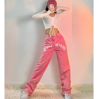 2022 womens jeans high waist fashion pink streetwear printed jeans womens baggy wide leg trouser casual mom straight jeans