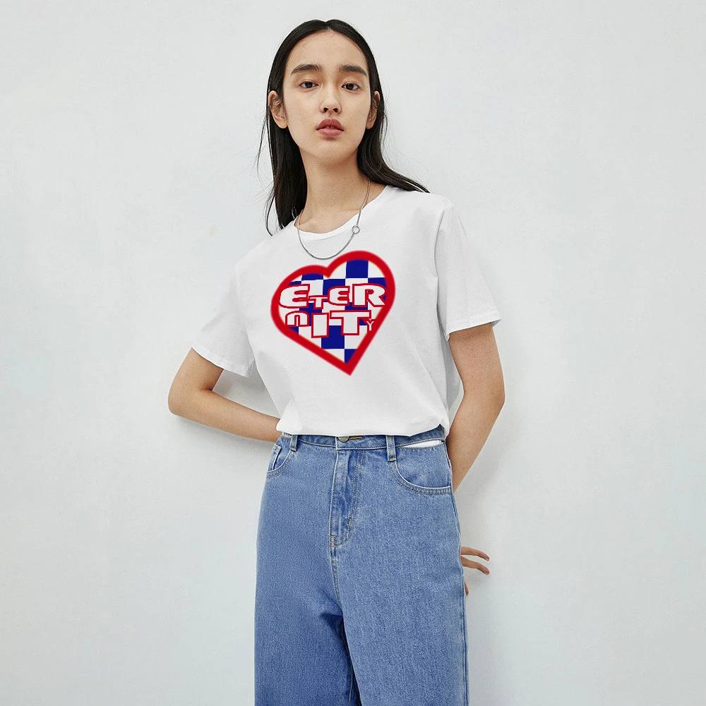 

Heavy cotton short-sleeved T-shirt plaid printed ladies oversized loose spring American vintage fashion brand crew-necktopsummer