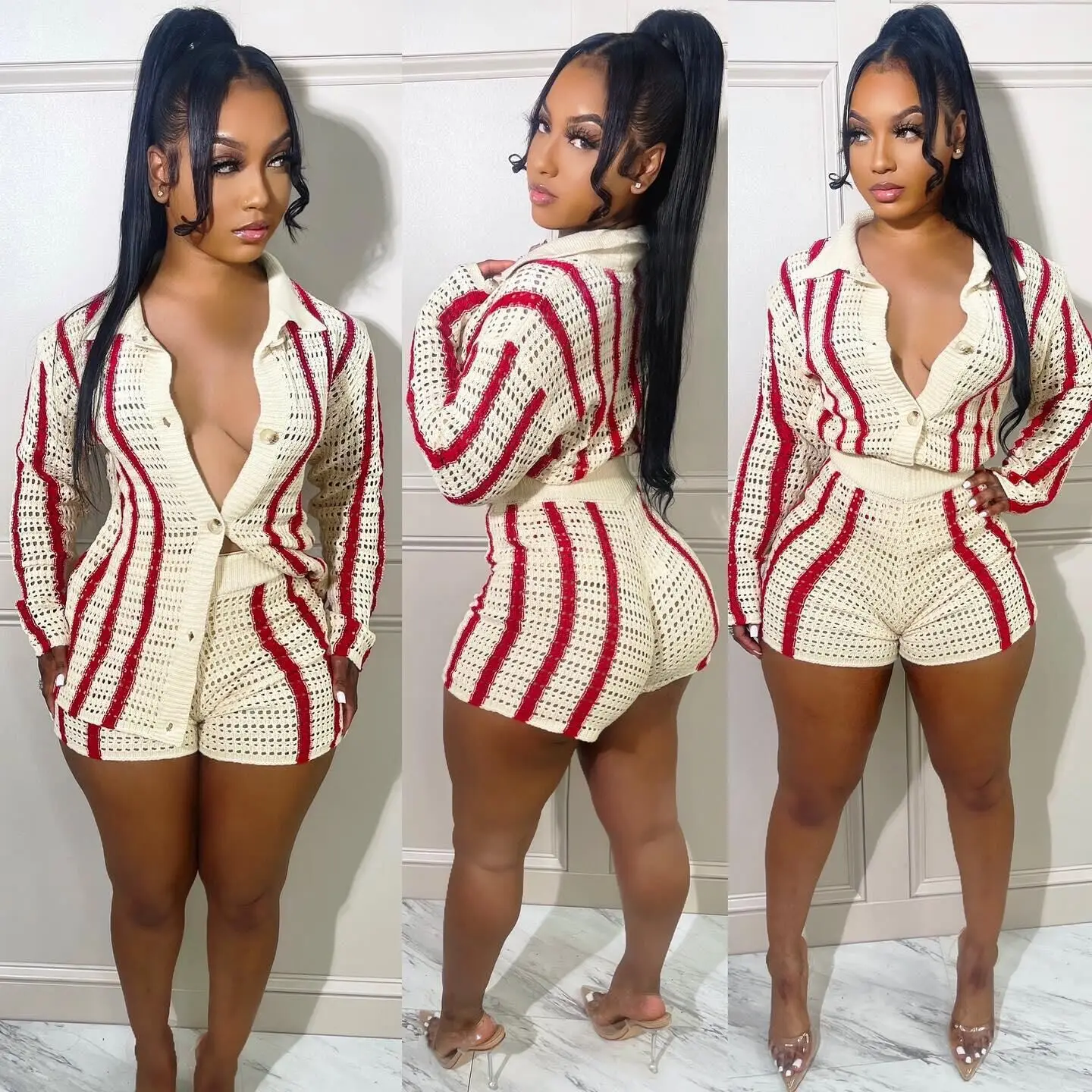 

Loungewear Women Two Piece Outfits Set Summer Shorts + Long Sleeve Knitted Tops Chic Hollow Out Vintage Track Suits
