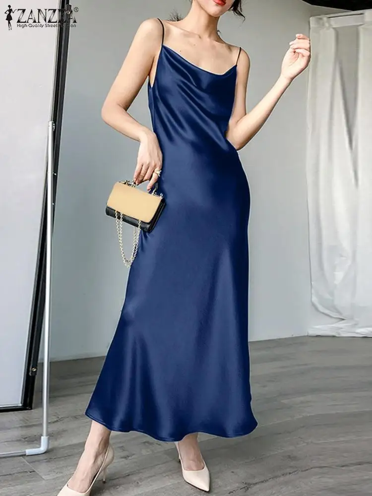 

ZANZEA Bohemian Women Summer Dress Sleeveless O-Neck Side Pockets Zipper Solid Color Dresses Elegant Casual Vintage Sundress