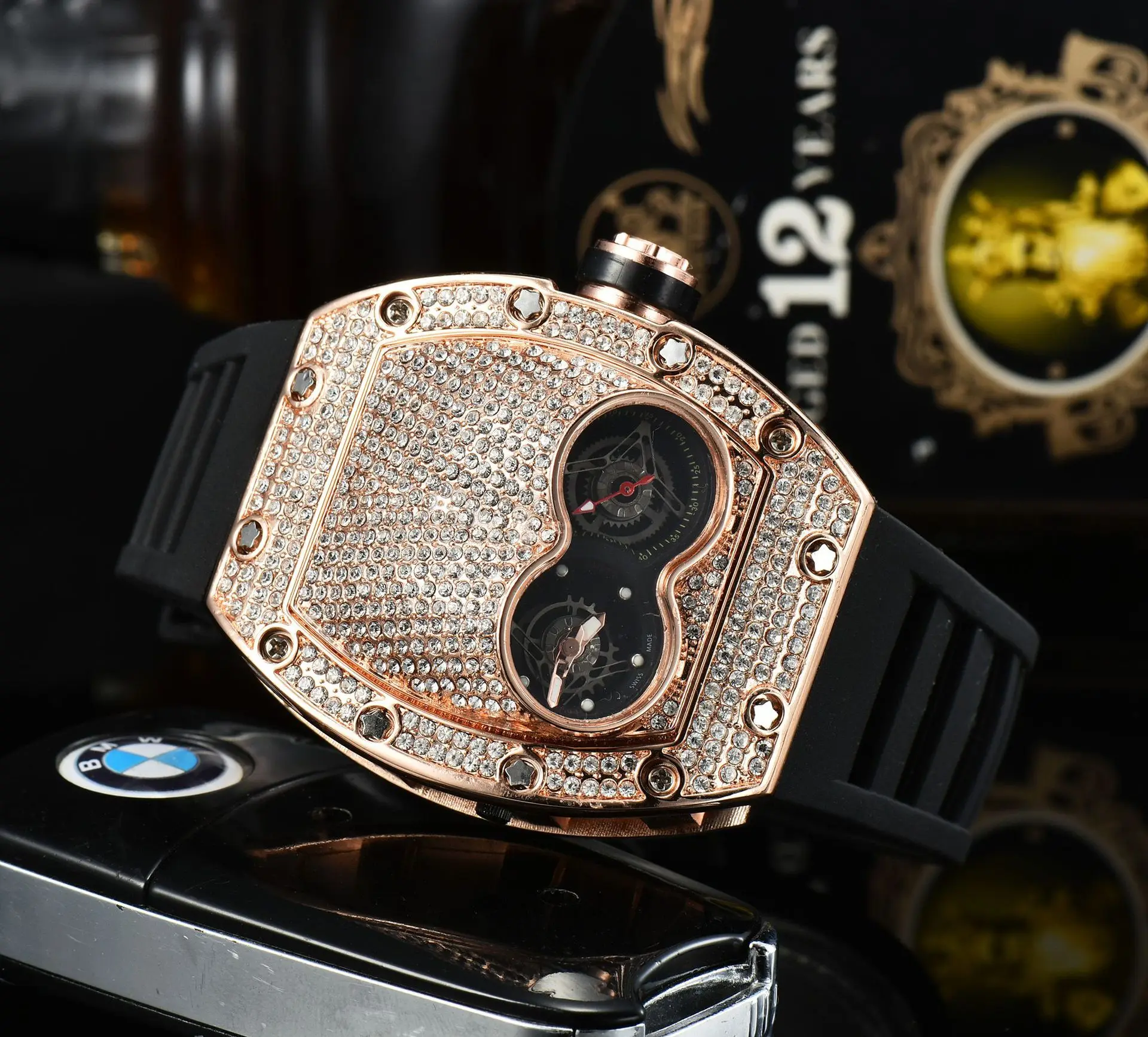 New Rose Gold Men's Watches Fake Double Tourbillon Watches for Men Diamond Wristwatches Man Male Clocks Fashionable Luxury Watch images - 6