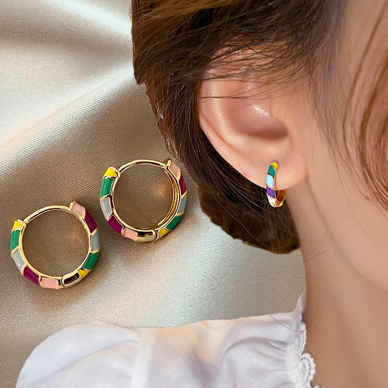 

2023 New Design Colorful Drop Glaze Enamel Hoop Earrings for Women Girls Korean Fashion Jewelry Accessories