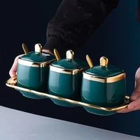 creative gilded dark green ceramic seasoning jar three piece set porcelain pepper chili jar garlic box jam jar kitchen utensils