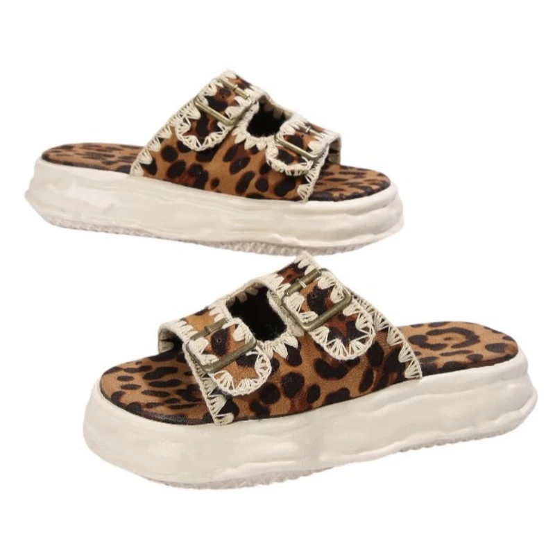 Женские тапочки на плоской подошве и платформе леопардовые модные сандалии