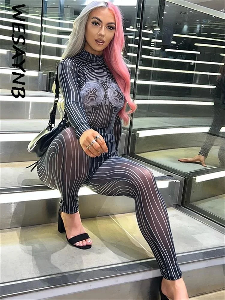 

Женский Повседневный костюм из двух предметов, сетчатый укороченный Топ с длинным рукавом и узкие брюки, клубный комплект одежды, 2022