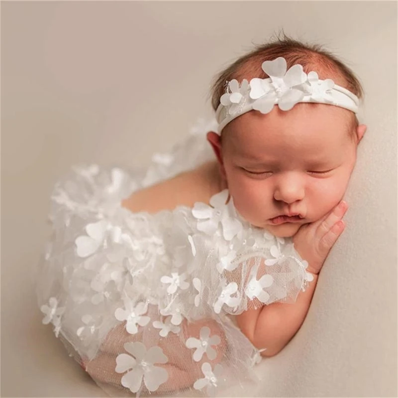 

Newborn Baby Girl Lace Romper Headband set Photography Props Photo Lace Bodysuit & Flower Headband for 0-1month A2UB