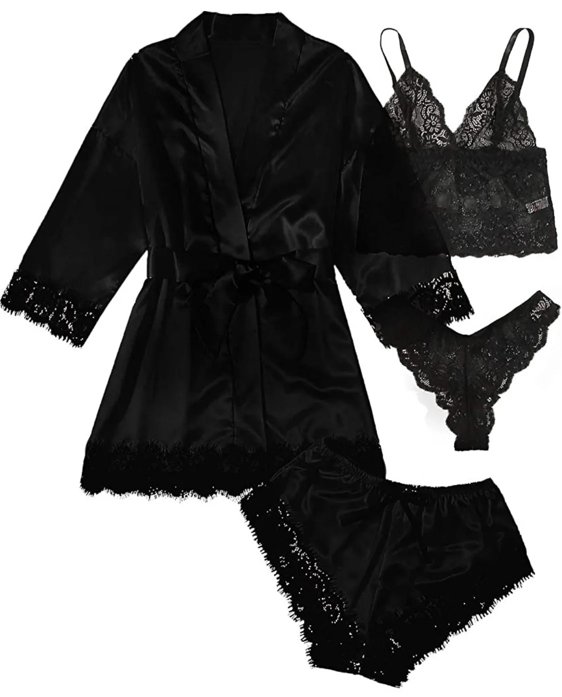 Woman Sleepwear 4pcs Floral Lace Trim Satin Pajamas Set with Robe Sexy Faux Silk Pijamas Robe Sets Casual Home Clothes Nightwear