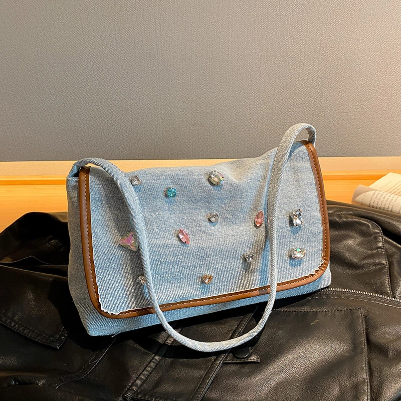 

Brand Designer Jeans Bags Women Denim Sling Shoulder Bag For Female Luxury Colorful Rhinestones Clutch Bag Large Capacity Tote