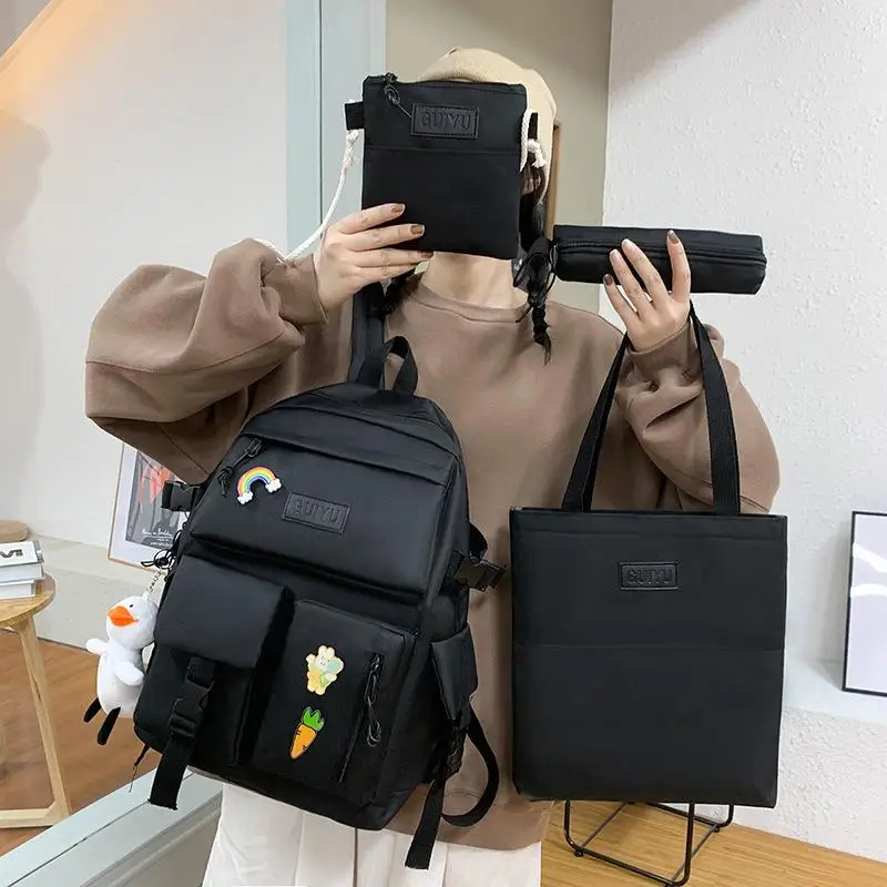 4 Pcs/set Women Solid Color Backpack Canvas Schoolbags for Teenage Girls Kids Primary School Bag College Student Laptop Backpack