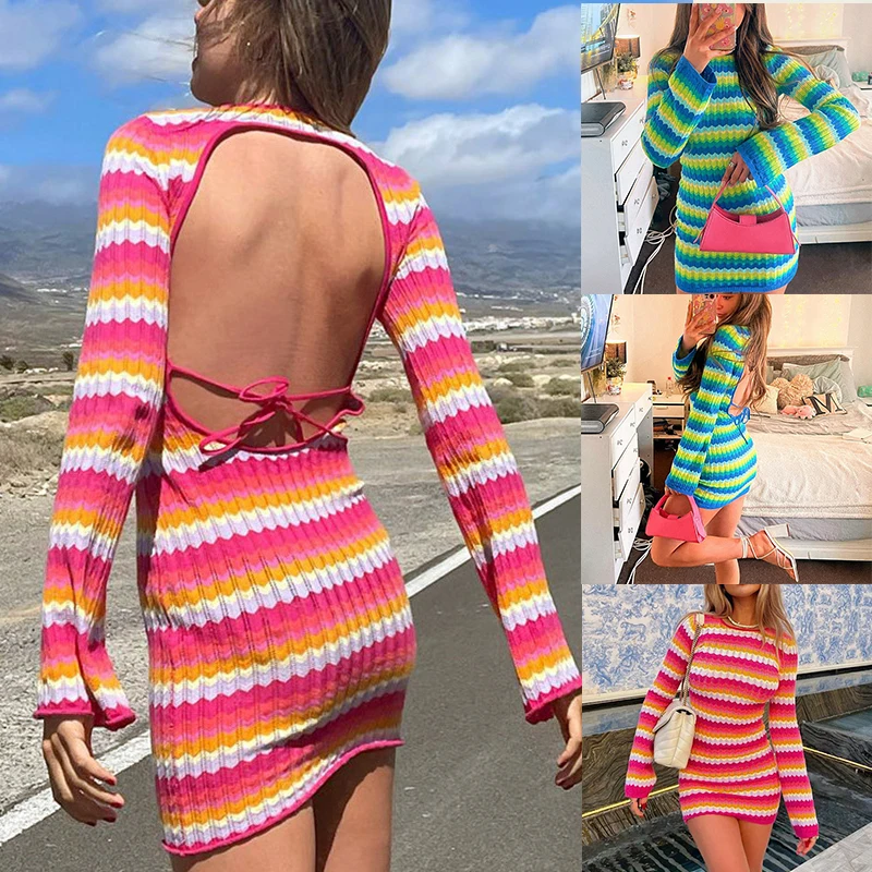 

Новинка, женское осеннее вязаное пляжное платье в полоску, облегающие повседневные Летние праздничные Пикантные мини-платья с открытой спи...