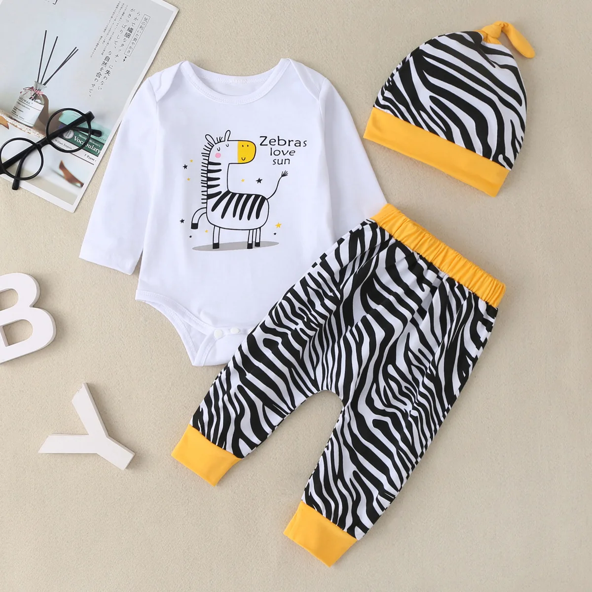 

Newborn Baby Boy Clothes Set 3 Pieces Cartoon Animal Zebra Baby Romper+zebra Striped Trousers+hat Baby Girl Clothes Winter 0-12M
