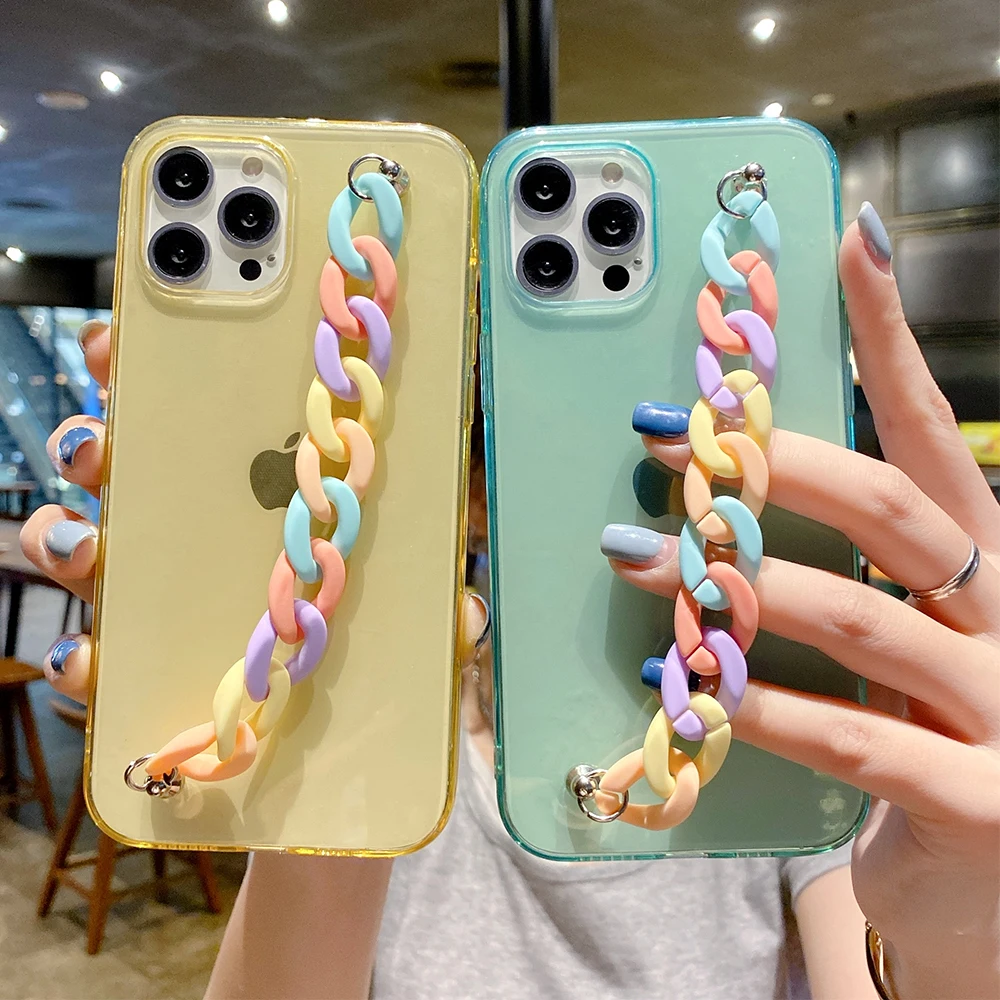 

NCKCH Rainbow Clear Chain Bracelet Phone Case For iPhone 13 12 11 Pro Max SE 2020 XR XS Max 7 8 Plus Women Soft TPU Cover Coque